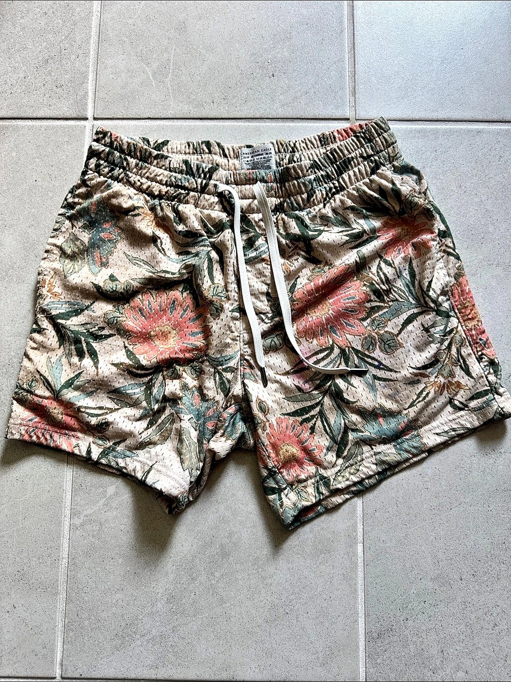 American Eagle AE Lounge Mesh Short Floral Shorts Beige & Pink XS
